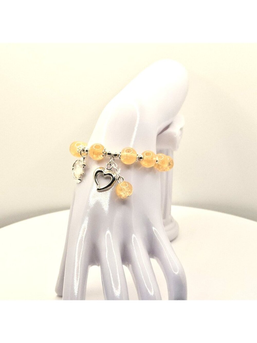 Yellow Beaded Bracelet Gift for Her, Heart Charm Bracelet, Cute Stretch Bracelet